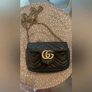 Authentic Gucci Super Mini Marmont Bag Black with Gold Chain